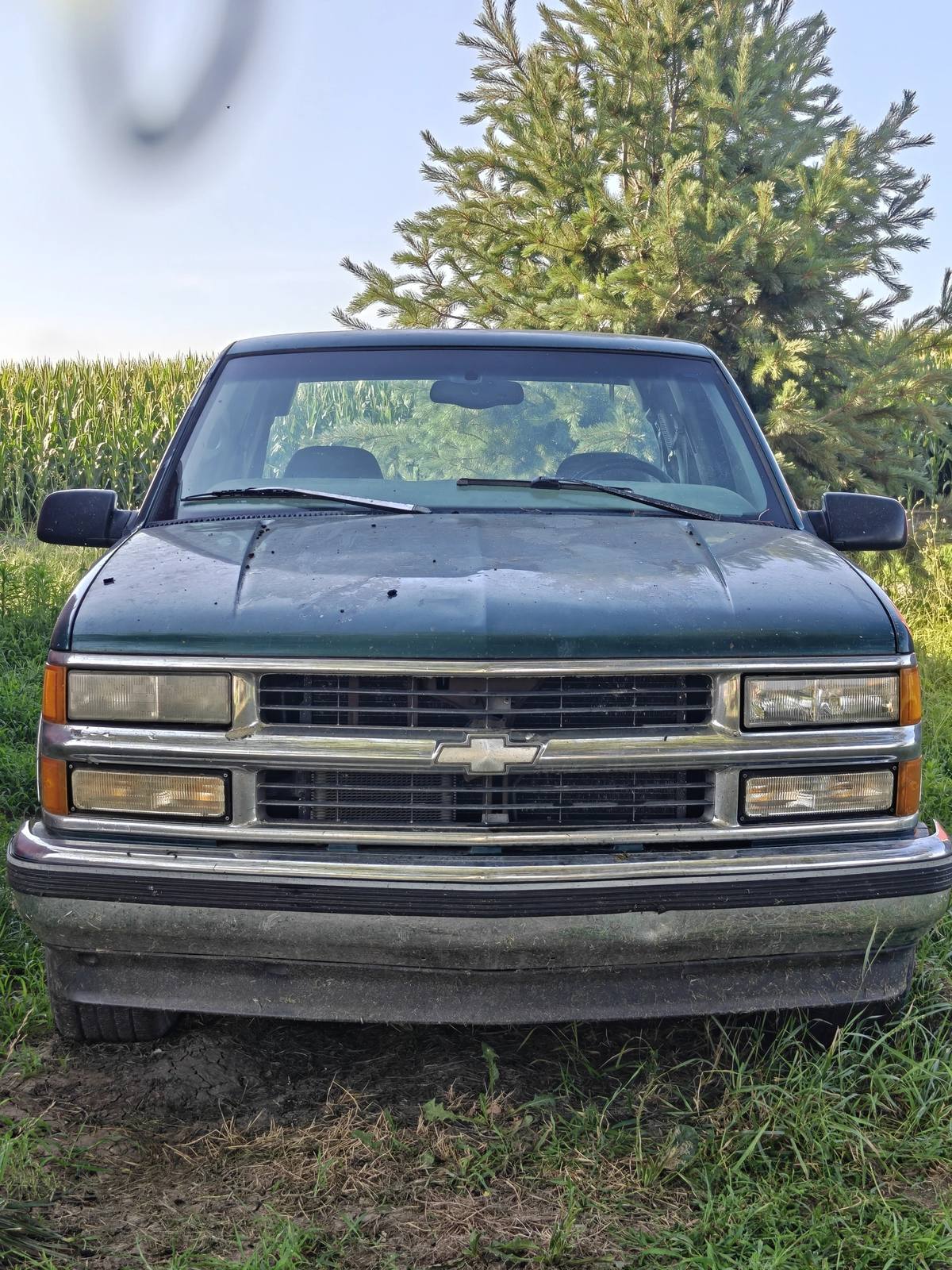 Restored headlights on a green Chevy pickup truck